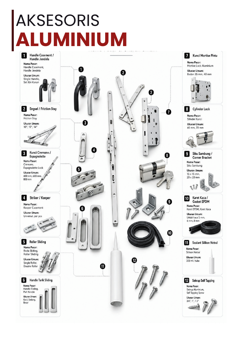 Panduan edukasi Aksesoris Aluminium — Handle, engsel, kunci, karet, sealant, dan lainnya.